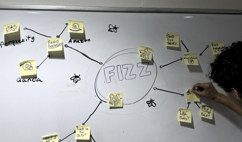 A whiteboard illustrates questions around Fizz, bot activity and the app’s brand partners.